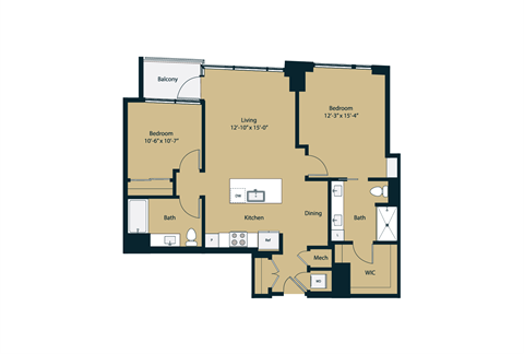 Floor plan for 2 beds, 2 baths, 1095 sqft